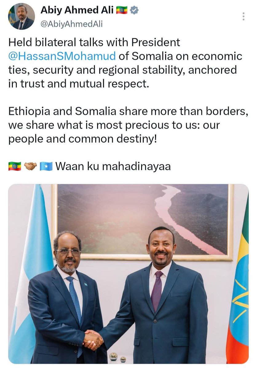 SocdaalAdam's tweet photo. Raysal wasaaraha Itoobiya: "Soomaaliya waxa aan wadaagnaa wax ka badan xuduudo oo dad &amp; masiir ah." — Abiy ayaa yidhi, isaga oo intaasi ku daray in ay MW Xasan Shiikh ka wada-hadleen amniga Gobolka &amp; is-ixtiraamka labada dal. https://t.co/syIVhEG8JL