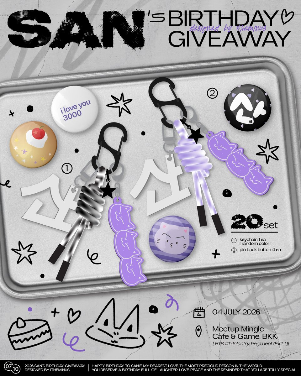 i_the_minus's tweet photo. ˚.⋆꒰ giveaway ─ san's birthday ꒱⋆.˚
─ 20 set ₊˚♡
• keyring 1ea
• pin back button 4ea

─  뿌딩 only♡
• light stick stk

🗓️ 04.06.2026
📍 Meetup Mingle Cafe &amp; Game
( BTS 11th Infantry Regiment, Exit 1 )

#TheMountainShadow_SAN
#SAN #ATEEZ #산 #에이티즈
#ตลาดนัดเอทีซ https://t.co/RKH8bwXGs0
