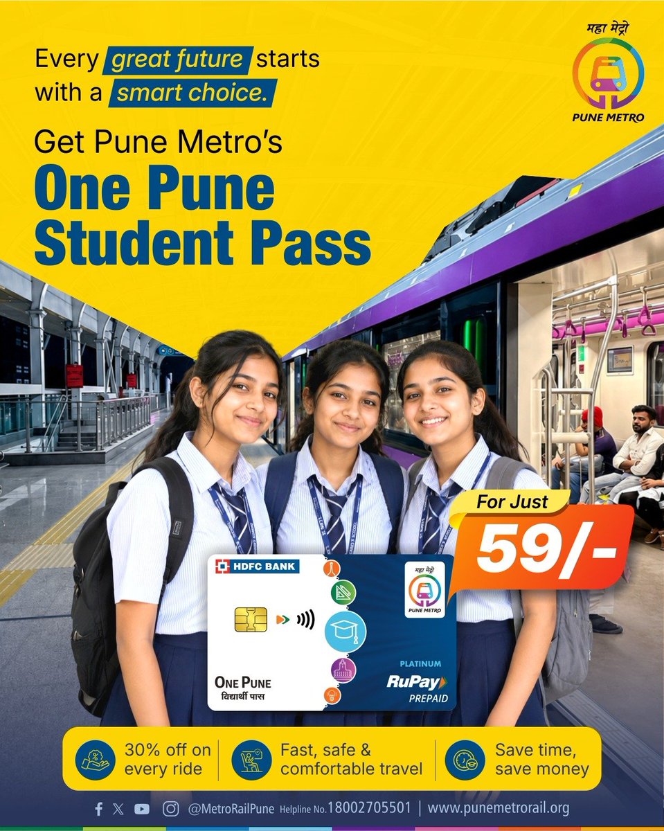 metrorailpune's tweet photo. Your daily commute just got better!
For only ₹59, unlock the One Pune Student Pass and save 30% on every metro journey.
Less travel expense, more convenience, and a smarter way to reach your destination.
#OnePuneStudentPass #PuneMetro #StudentLife #TravelSmart https://t.co/flHZjRtSPT