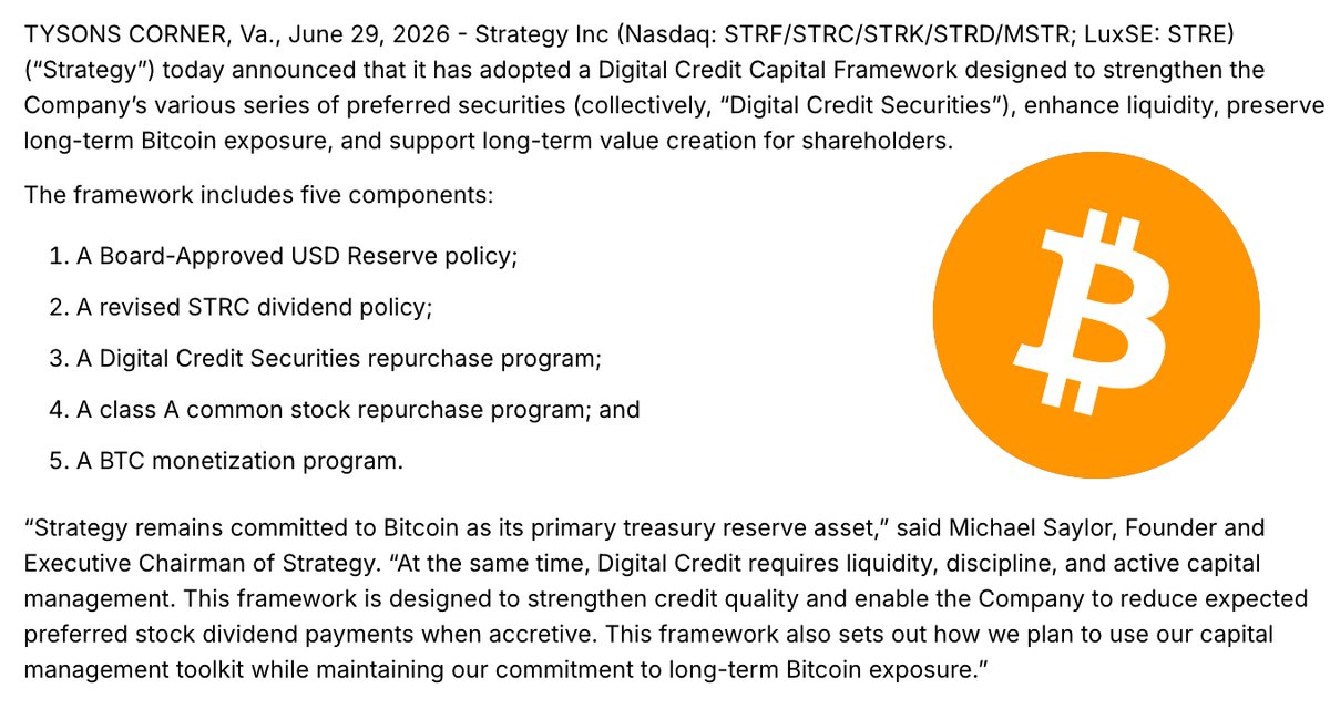 BitcoinMagazine's tweet photo. JUST IN: Michael Saylor's Strategy announces a new framework to "preserve long-term Bitcoin exposure" with a "BTC monetization program" 👀 https://t.co/d1EGpV4w3b