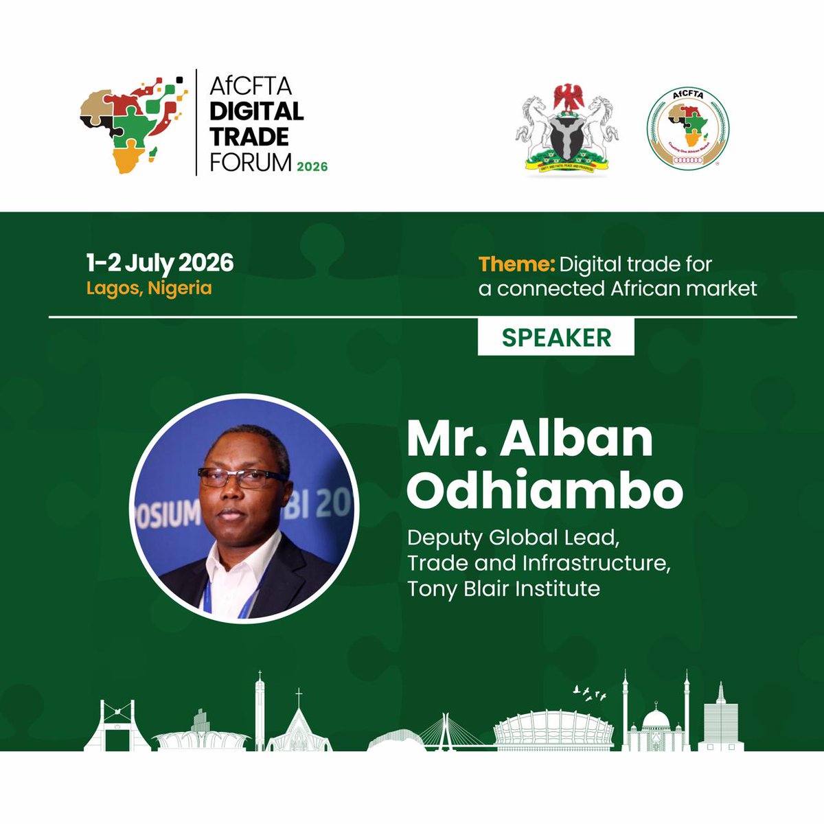AfCFTA's tweet photo. At the AfCFTA Digital Trade Forum 2026, conversations go beyond ideas; they move into implementation across Africa’s digital economy.

Join leaders from government, industry, and the innovation ecosystem as they explore how digital trade, e-commerce, digital payments, and seamless cross-border commerce can unlock a more connected African market under the AfCFTA.

📍 Lagos, Nigeria
🗓️ 1–2 July 2026

🔗 Register via link in bio or visit: https://t.co/73lm3JBgaY

#AfCFTA #DigitalTrade #AfricaTrade  #DigitalEconomy #IntraAfricanTrade