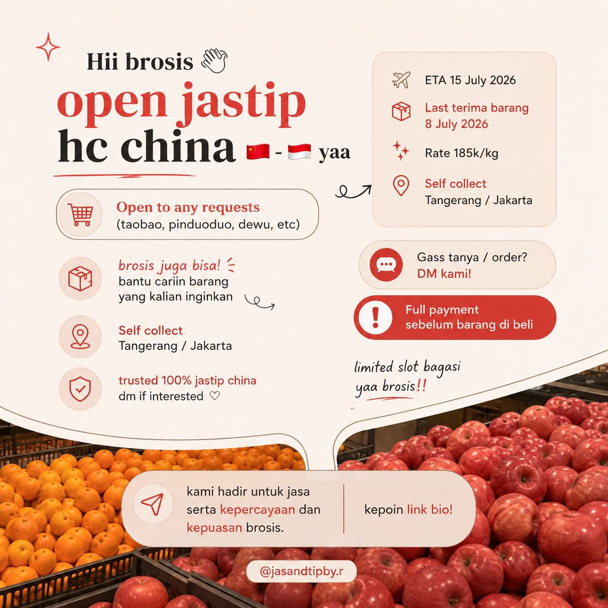 mggnums's tweet photo. OPEN JASTIP HANDCARRY CHINA 🇨🇳

 NAJING 🇨🇳 - TANGERANG 🇮🇩

✈️ 15 JULI 
‼️ CLOSE ORDER 8 JULI 

✅ taobao pinduoduo pdd xianyu douyin xhs 1688 alibaba dll 
⭕️ accept req by order / kalau udah punya link bisa langsung pc ! 

🏷️ fee jastip tergantung barang, start 5k !!
#zonauang https://t.co/8xI5I0EULn