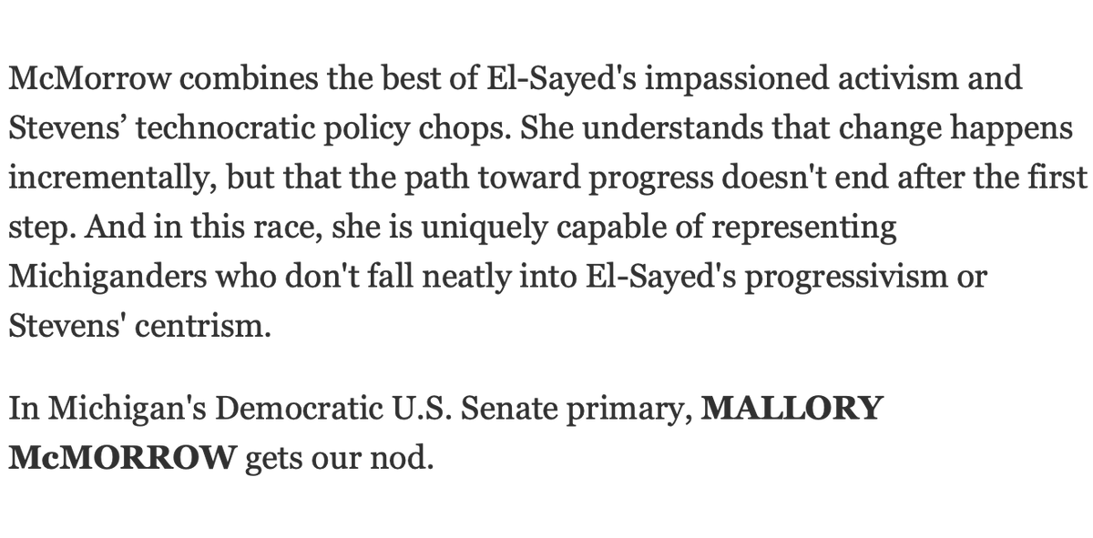 hannahlindow's tweet photo. DETROIT FREE PRESS ENDORSES MALLORY MCMORROW.

"McMorrow is talking to the rest of Michigan, hoping that voters here will choose a senator who bridges the ideological gap."

@freep, the largest newspaper in Michigan, calls @MalloryMcMorrow's approach "pragmatic idealism." https://t.co/Jnun3bQEOR