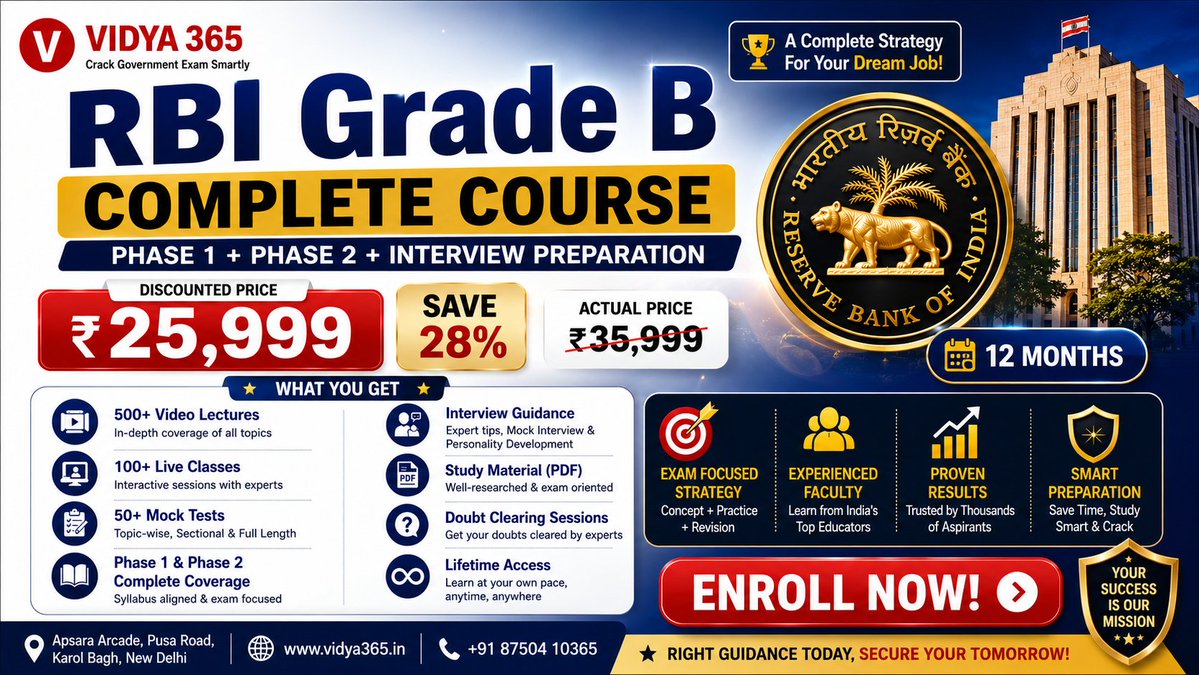 VIDYA_365's tweet photo. One Decision Today Can Shape Your Career Tomorrow.  Seats are limited. Enroll today and take the first step toward becoming an #RBIGradeB Officer. 
#RBIGradeB2026 #RBIGradeBCourse #BankingExams #ExamPreparation #StudyPlan #Awarapan2 #AnantAmbaniJi #LegendSaravanan #BankJobs #AI https://t.co/bUTVwpy6BE