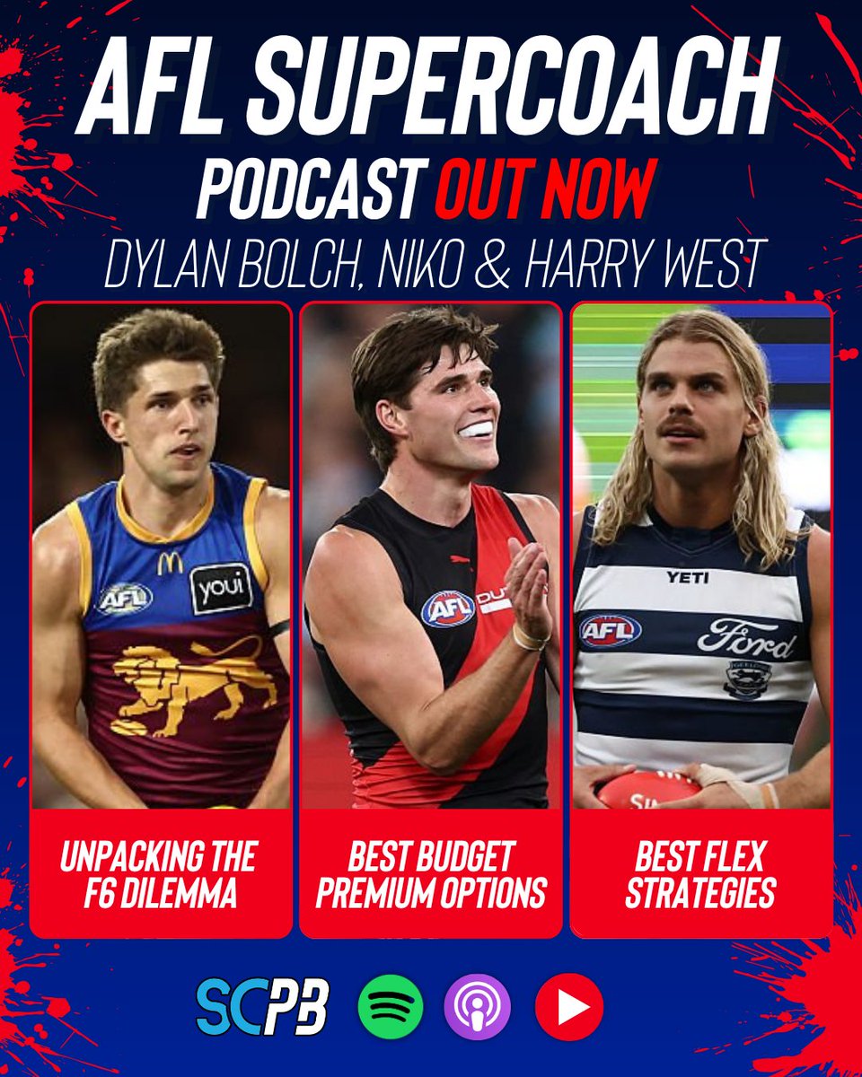 scplaybookafl's tweet photo. Who are the best BUDGET PREMIUM options on the run home? 👀 

The SC Playbook AFL podcast is live with former #Supercoach AFL runner-up @LovskiFC, AFL journo @DylanBolch &amp; data analyst @West19Harry.

Tune in via our Spotify, Apple or new YouTube channel 📺 https://t.co/h5pigEGac8 https://t.co/E2ejd5QKJK