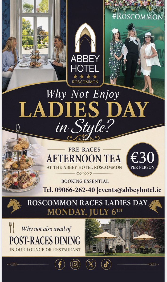 ggrealy's tweet photo. What are your plans for Roscommon Races ladies day on Monday July 6th? Why not enjoy a bubbly afternoon tea before the races at the Abbey. 🧁🍰☕️ https://t.co/pYgJqmjm6f