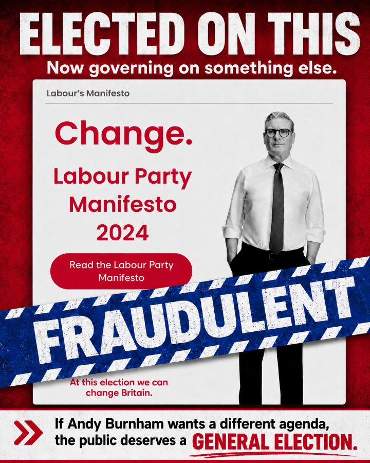 statsjamie's tweet photo. 🚨 Andy Burnham is setting out his vision for Britain: a “No 10 North”, more devolution, and a 10-year mission to reshape how the country is run.

Fine. Debate it. Scrutinise it.

But hang on - Labour was elected on its 2024 manifesto.

Since then we’ve had national digital ID plans, changes to jury trials, and now a potential new Prime Minister setting out a substantially different agenda.

If Andy Burnham wants a different agenda, the public deserves a General Election.