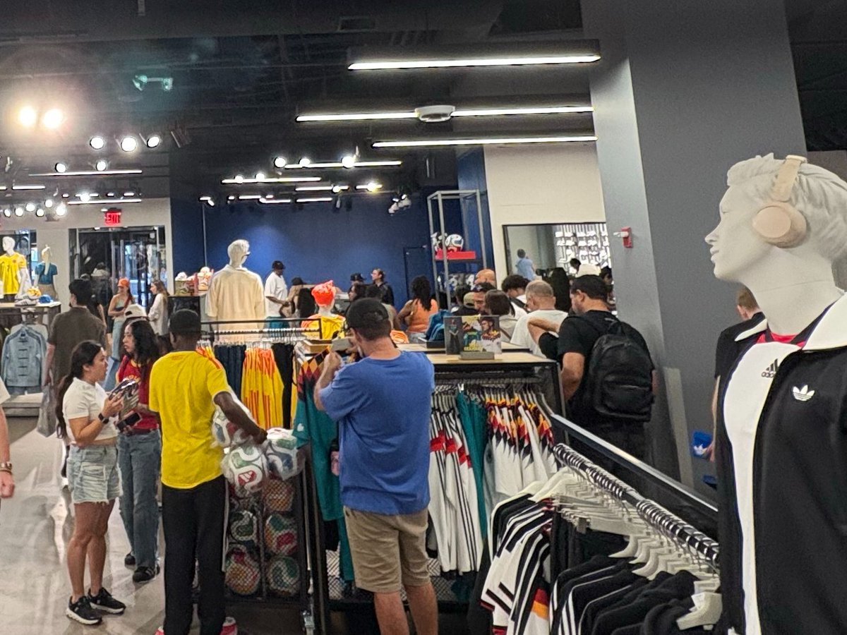 HedgeyeRetail_4's tweet photo. Visited the $ADDYY store on Broadway in NYC this weekend, and it was a zoo. ~25 people waiting to try on Adizero and Samba, with a 20+ person line at the register. $ADDYY is as hot as ever with the World Cup traffic driver trickling down to other categories. (Saturday at 1:32 pm) https://t.co/L3a0T06N1c