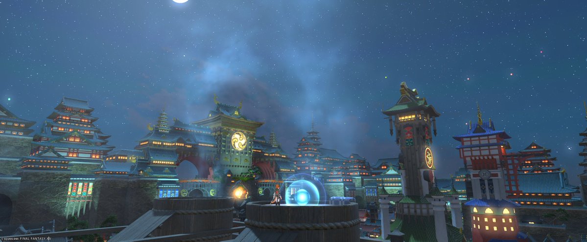 RinR_FF14's tweet photo. クガネ入り！
クガネの潮風亭のてっぺんに登りに行ったけど一歩目で落ちたのでクガネ温泉にのぼりました、こっちはいけた！ https://t.co/vPddT0pYhP
