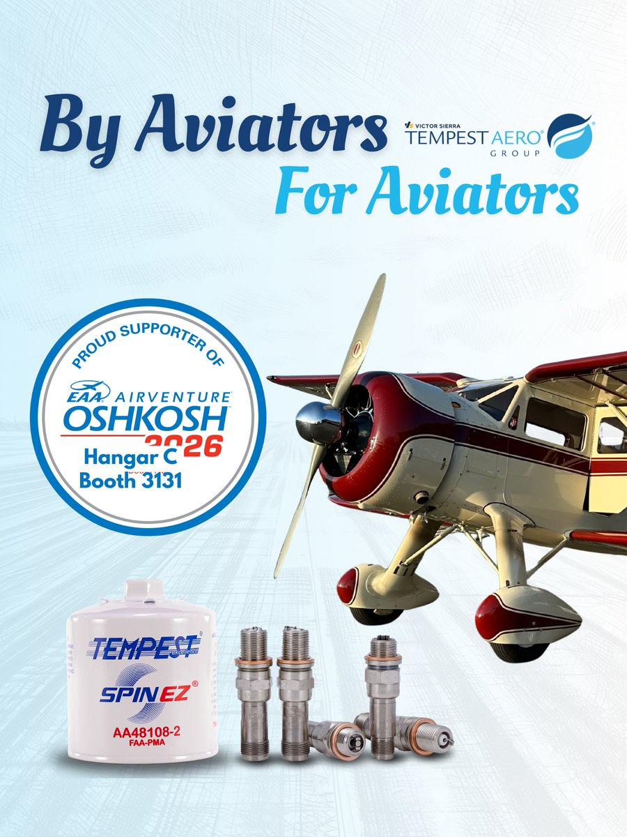 TempestMarktng's tweet photo. Choose the brand that's by aviators, for aviators. Come see us at our EAA Airventure in Oshkosh July 20-26th! Our booth is located in Hangar C, booth 3131.

#Tempest #GeneralAviation #support #quality #sparkplugs #innovation https://t.co/kTxEslzrNM