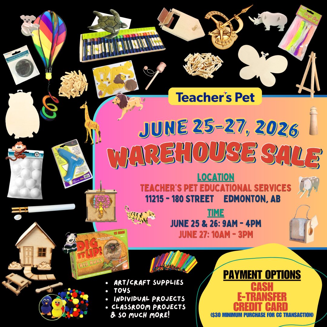 TPETca's tweet photo. Don't let the rain stop you today because it is the last day of our warehouse sale. We are open from 10 am to 3 pm!

#garagesaleyeg #warehousesale #yegteacher #materials #crafts #toys https://t.co/w5ZY8eA0PP
