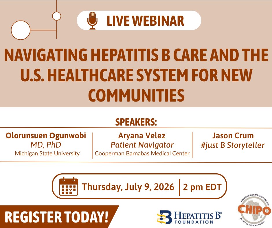 HepBFoundation's tweet photo. Join us for a #WEBINAR on “Navigating hepatitis B care and the U.S. Healthcare System for new communities.”

Providing a clinical overview of hepatitis B where participants will learn and explore patient navigators.

Thursday, July 9, at 2 pm EDT

👉 https://t.co/fpb8xqfadJ https://t.co/d9obGytvNl