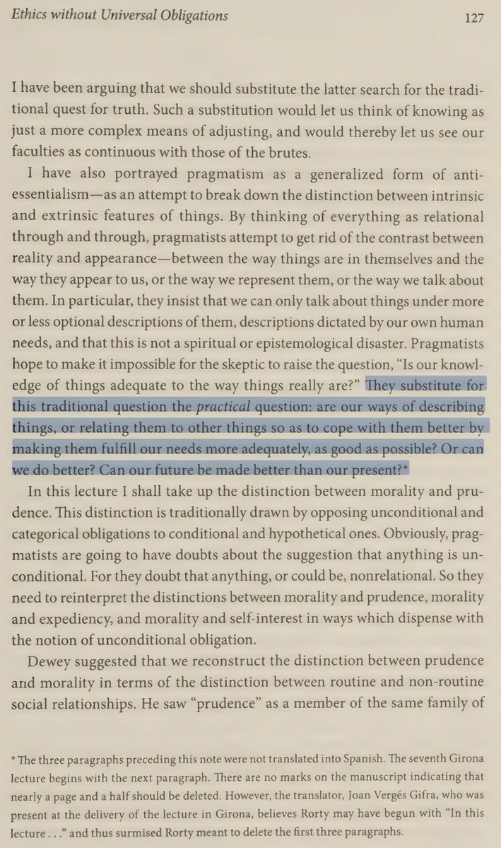 RortyQuotes's tweet photo. Pragmatists ask the practical question: are our ways of describing things, or relating them to other things so as to cope with them better by making them fulfill our needs more adequately, as good as possible? Or can we do better?
PasAA p.127
#Pragmatism
#Rorty
#Antiessentialism https://t.co/yLZWKFBTjS