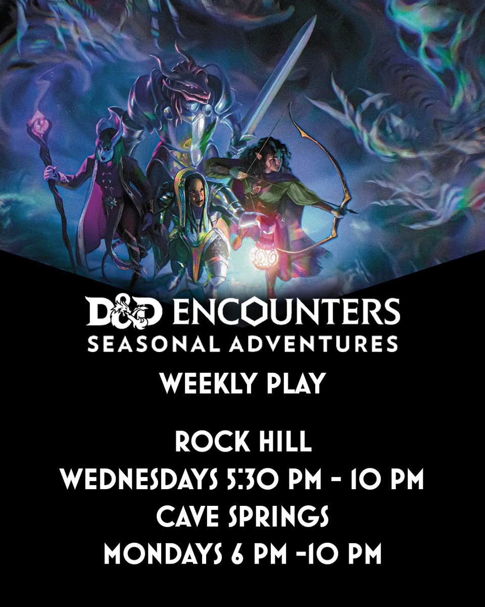 MiniMartTalk's tweet photo. We have Dungeon Masters! Check out our D&amp;D organized play at Rock Hill on Wednesdays and Cave Springs on Mondays. Try D&amp;D today!
Learn more about our in store events: https://t.co/NpGqVNhQRU
#DnD #RPG #OrganizedPlay #LGS #FLGS #STL https://t.co/w4CPGzhwDu