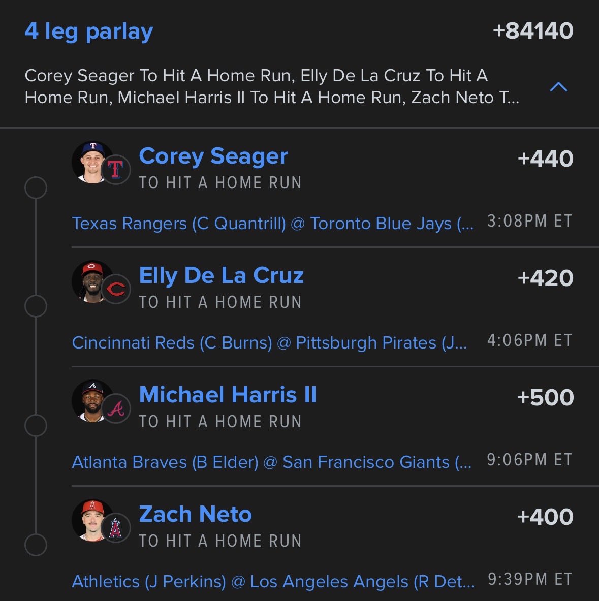 WizPicks__'s tweet photo. ⚾️ HR Parlay Time ⚾️
💣 Corey Seager
💣 Zach Neto
💣 Michael Harris II
💣 Elly De La Cruz
Calling a BIG day at the plate. Let's cash those dingers! 🔥💰
#MLB #HomeRun #DingerPicks #Baseball #Parlay #Seager #Neto #MichaelHarrisII #EllyDeLaCruz #TheProfitWizards https://t.co/i8Id0xEMHb