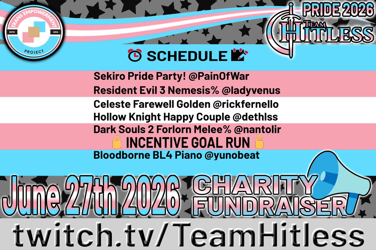 TeamHitless's tweet photo. ✨📷 We are LIVE with the Pride 2026 Charity Event w/ the Happy Couple Coalition benefitting the Trans Empowerment Project (TEP) 📷📷 Join us NOW for a full day of amazing hitless runs and exhilarating commentary!  🏳️‍⚧️ https://t.co/IpTIkBXN0t