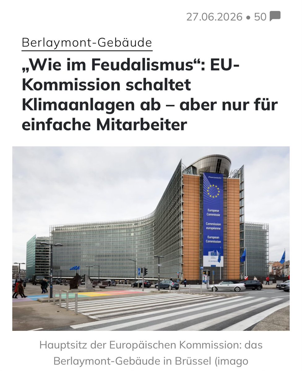 queru_lant's tweet photo. EU-Chefin Ursula von der Leyen residiert in der 13. Etage und geniesst die kühlen Temperaturen.

Klimaanlagen-Abschaltung im EU-Hauptsitz während der Hitzewelle: Die unteren Stockwerke des Berlaymont-Gebäudes wurden gnadenlos abgeschaltet, während die oberen Chef-Etagen weiterhin auf angenehme Temperaturen gekühlt wurden. Die Entrüstung unter den Brüsseler Beamten ist groß, offenbar gilt das grüne Sparen nur für die Fussvolk-Etagen.