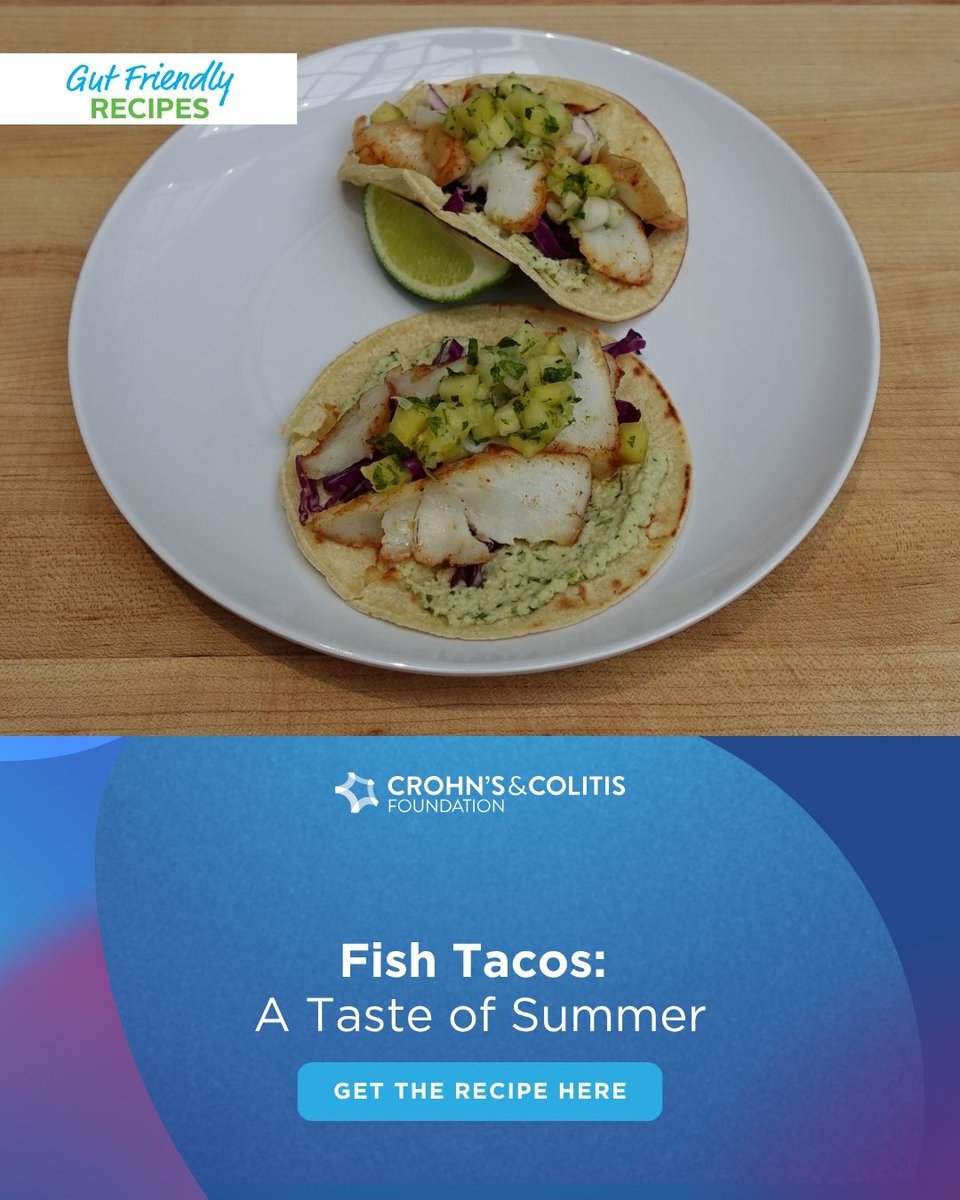CrohnsColitisFn's tweet photo. Taco night just got a summer upgrade.

These fish tacos are packed with fresh flavor—flaky cod, pineapple salsa, and a creamy cashew crema—and come together in just 35 minutes.

Head to the link for the full step-by-step recipe, then explore Gut Friendly Recipes, the Foundation’s free recipe finder with 500+ dietitian-approved dishes to help make mealtime easier:
https://t.co/Op4nUQeLMz