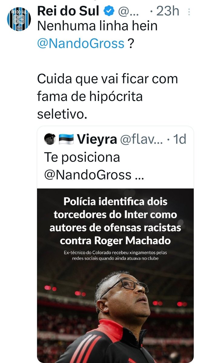 ___Leao___'s tweet photo. O mais engraçado, @ReidoSul1 é ver @NandoGross e @Lebehs fingindo que eles não têm obrigação de se posicionar depois do que postaram sobre o mesmo treinador em relação à torcida do Grêmio que não cometeu nenhum crime, foi "achismo" dos 2 q antes eram imparciais 😂. https://t.co/3oajWJXd02