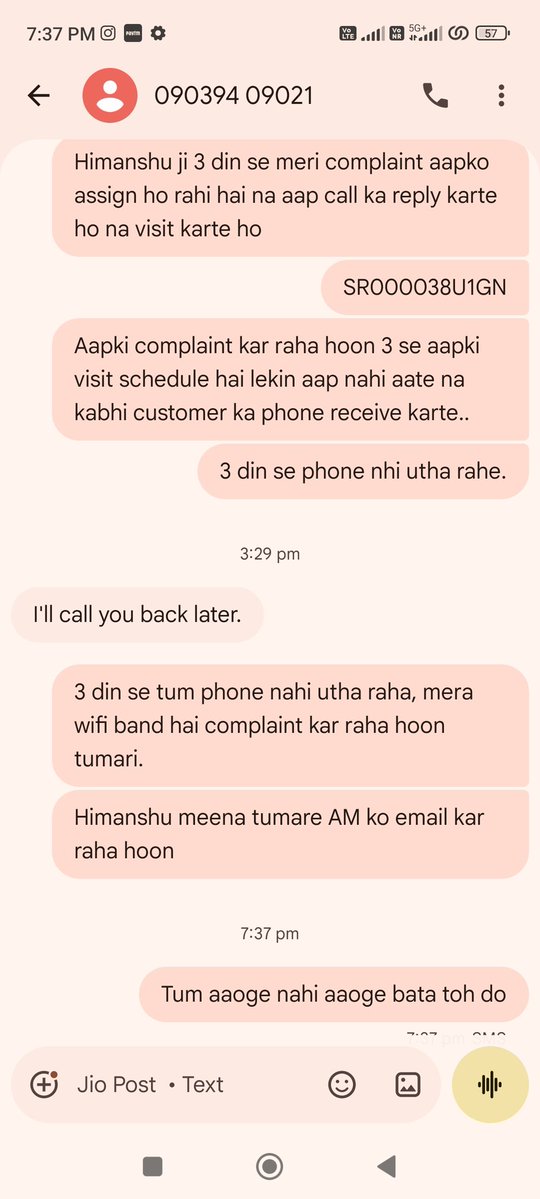UmapAnkit's tweet photo. @JioCare @ankushs56502819 Your engineer himanshu meena is not responding at all, he Said he will never come,jo karna hai karlo, @reliancejio kya kar rahe Sharam nahi aati customer ko bevkoof bana rahe ho. Subah se 12-15 tweet kiye maine lekin ek reply nhi. 7th appointment missed. https://t.co/SPyoyxiQmC