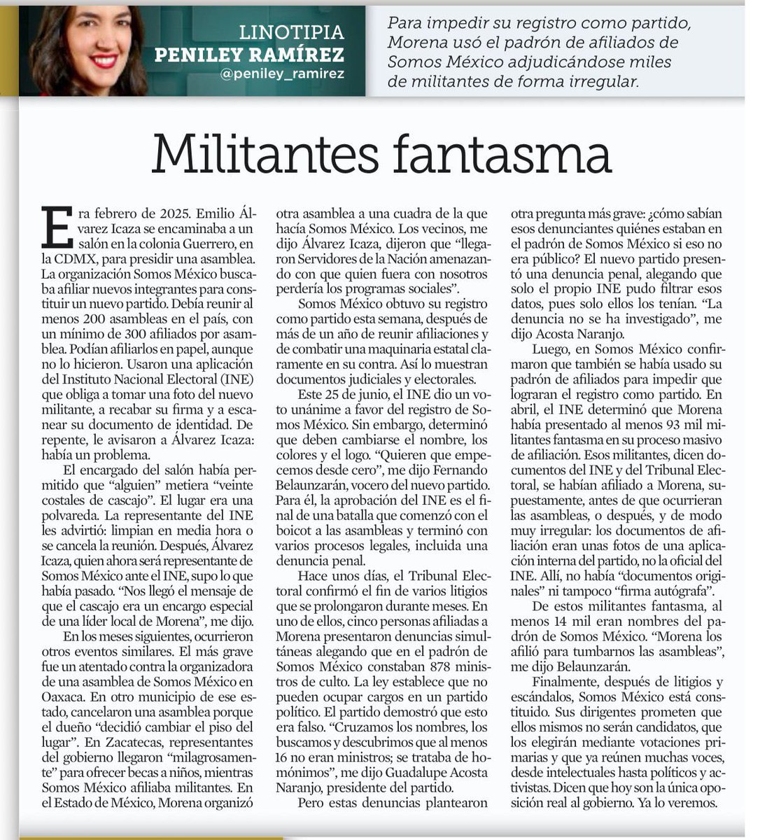 ferbelaunzaran's tweet photo. Lean a @peniley_ramirez, imperdible:

Militantes fantasma

“Somos México obtuvo su registro como partido esta semana, después de más de un año de reunir afiliaciones y de combatir una maquinaria estatal claramente en su contra. Así lo muestran documentos judiciales y electorales” https://t.co/fvix8mfya9