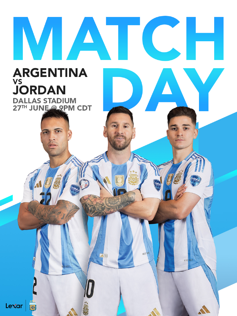 Lexar_Gaming's tweet photo. Today's the FINAL group stage match ⚽

Get ready for great football as Argentina faces off against Jordan.

🏟️ Dallas Stadium, Arlington
⌚ 9pm PDT

#LexarAFA #Lexar3Ole https://t.co/Lkeu7eB1sH