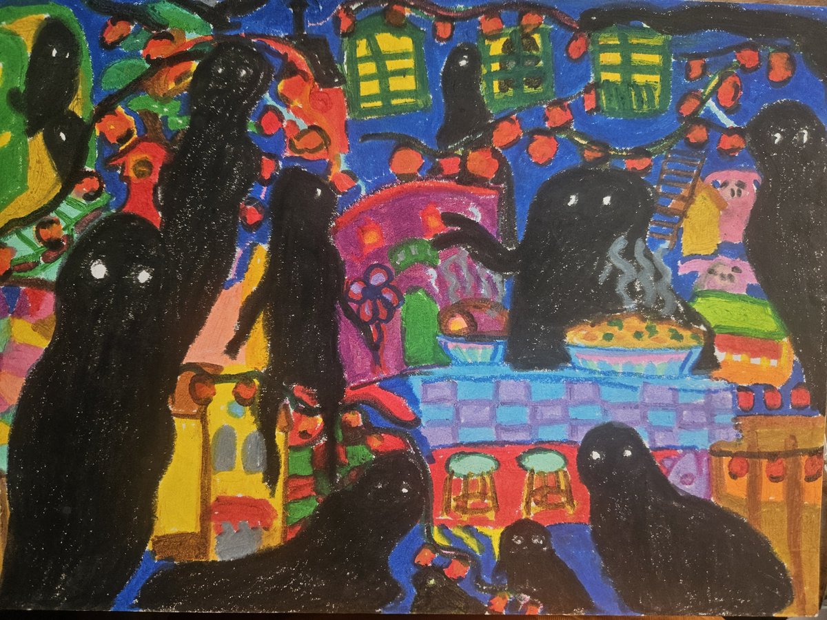 thepaleunknown's tweet photo. silly silky crayon art inspired by the Spirited Away scene where night falls upon the spirit realm https://t.co/lYdwWqpBZ1