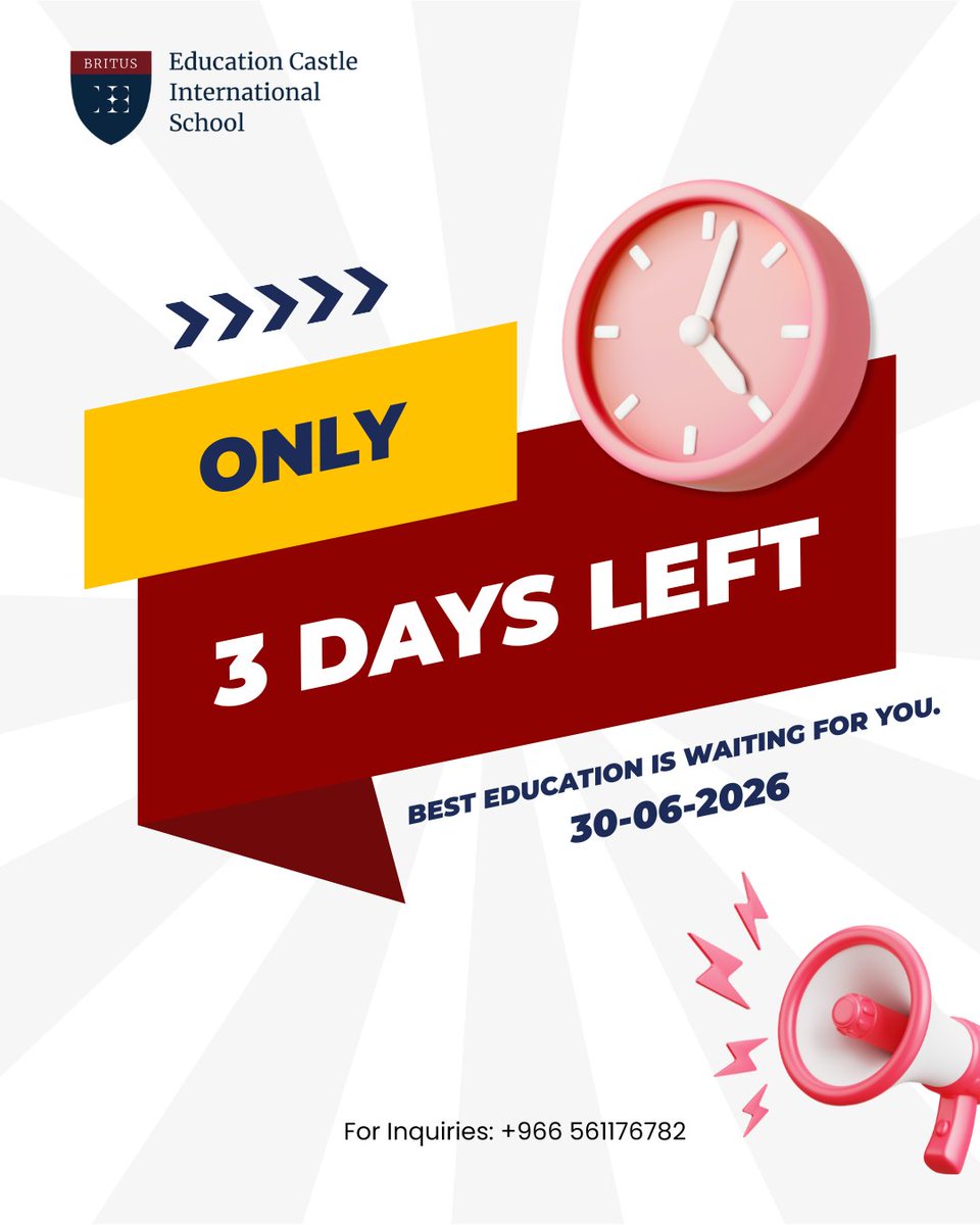 CastleSchools's tweet photo. ⏳ باقي 3 أيام فقط! ⏳

لا تفوّتوا فرصة الاستفادة من خصم الحجز المبكر للعام الأكاديمي 2026-2027 ✨📚
انضموا إلى أسرة مدرسة قلعة العلم العالمية واستفيدوا من بيئة تعليمية تجمع بين التميّز الأكاديمي، تنمية المهارات، والبرامج النوعية التي تُعد أبناءنا للمستقبل.

📞 للتواصل والاستفسار: 0561176782

⏳ Only 3 Days Left! ⏳

Don’t miss the opportunity to benefit from our Early Registration Discount for the 2026–2027 Academic Year ✨📚
Join the ECIS family and enjoy a learning environment that combines academic excellence, skill development, and innovative programs designed to prepare students for the future.

📞 For inquiries: 056 117 6782

#ECIS #AdmissionsOpen #EarlyRegistration #EarlyBirdDiscount #AcademicYear20262027 #LearningTogether