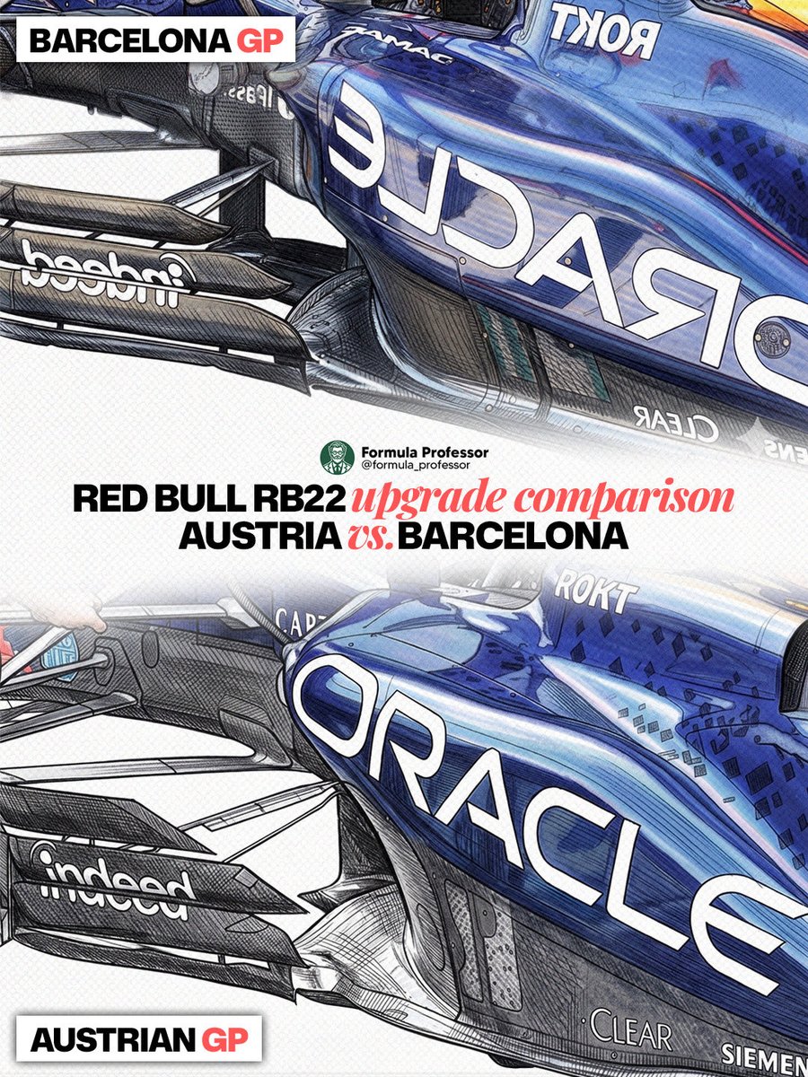formula_profes's tweet photo. Red Bull Racing brought a heavily revised sidepod flank to their home race at the Austrian GP.

The bargeboards are now further subdivided to manage airflow more aggressively, and the sidepod inlets have received a noticeable geometry update compared to the specification run in Barcelona.

Also the exhaust deflector is redesigned, even though this aerodynamic solution is set to be banned from 2027.

Thoughts?

Original photos via: @carpentiers_f1 

Disclaimer: The artistic drawing style is AI-generated. No technical details were modified, ensuring total accuracy to the original analysis!

#F1 #AustrianGP #RedBullRacing