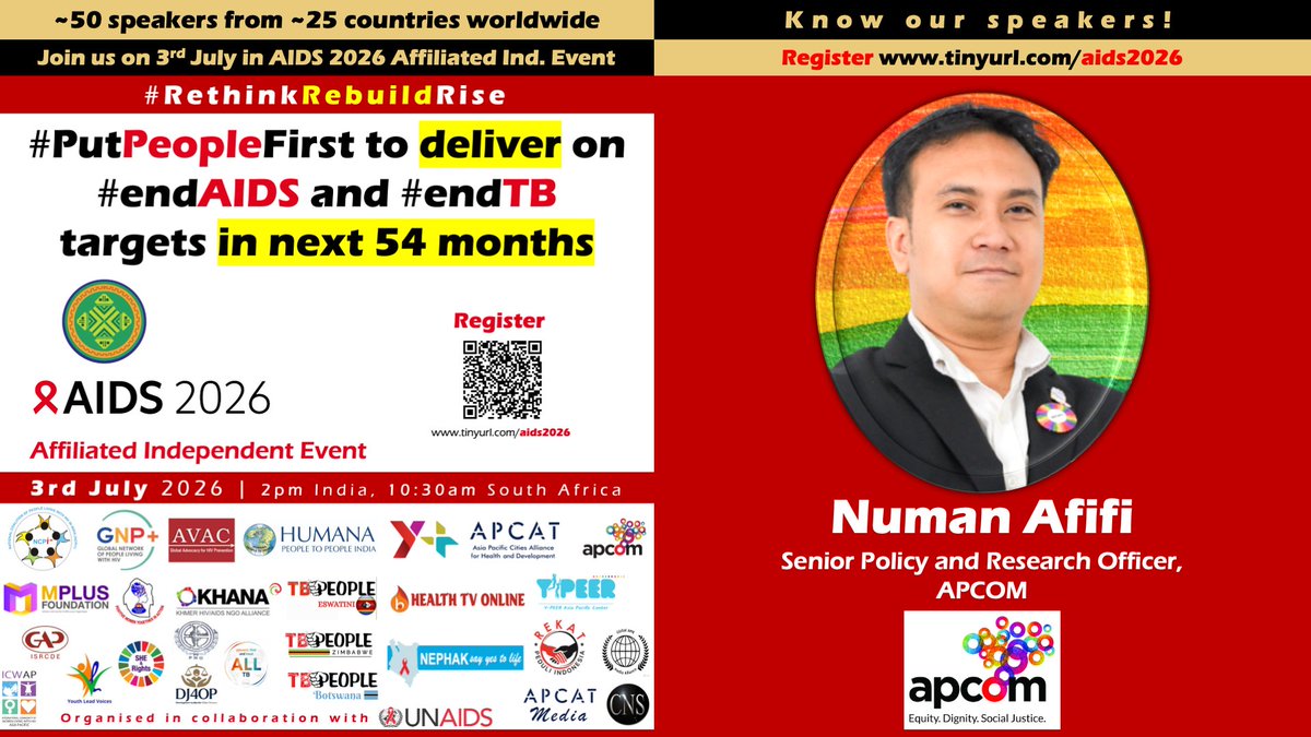 cns_health's tweet photo. ✅Join us on 3 July #AIDS2026 Affiliated Independent Event 👉 #RethinkRebuildRise ★ #PutPeopleFirst to deliver on #endAIDS &amp; #endTB targets in next 54 months (by 2030)👈

@NumanAfifi of @APCOM is among ~50 speakers from ~25 countries🌐

👉Register
https://t.co/f1jsJWIcwM https://t.co/9B9nHJGg0I