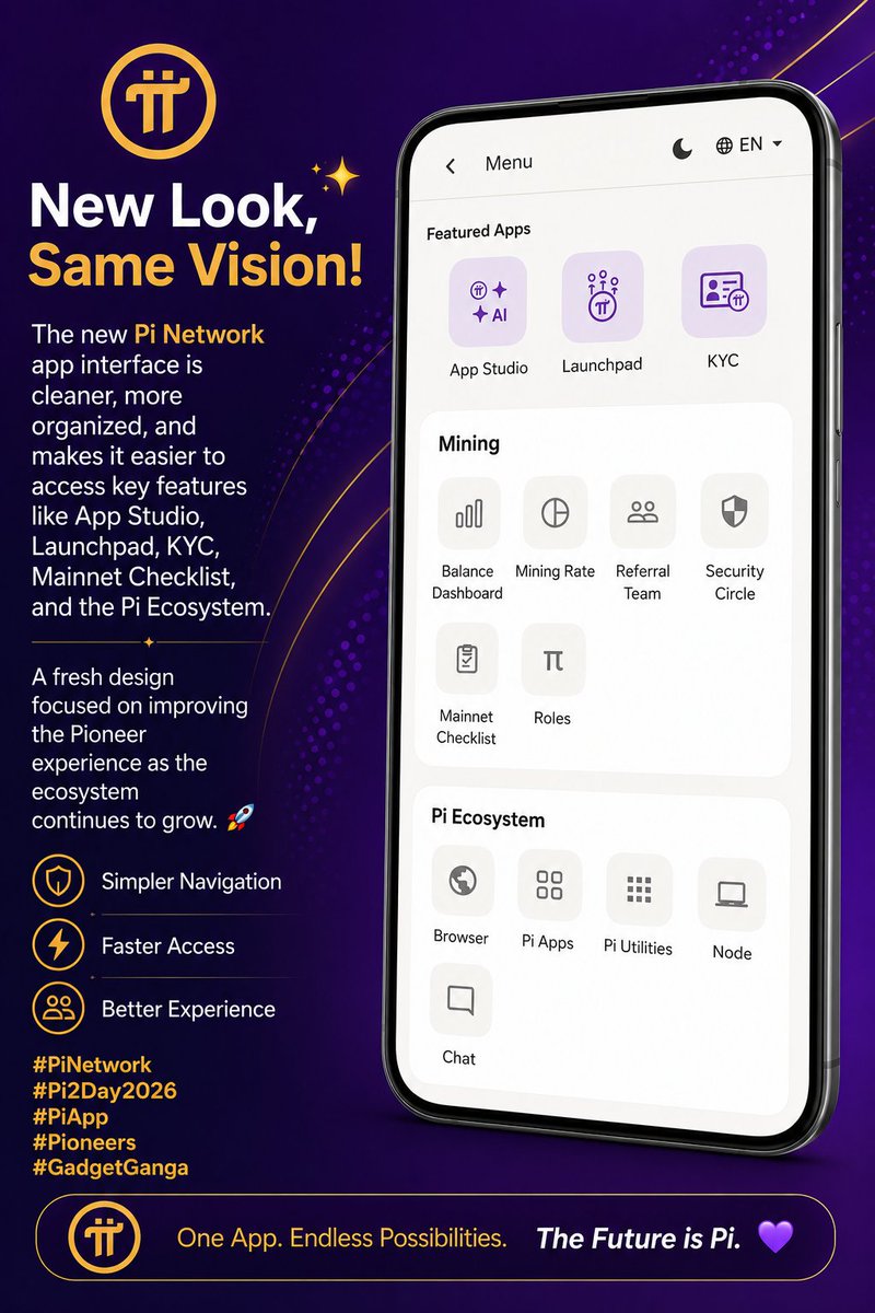 pi_communityy's tweet photo. 🚀BEFORE  PI2DAY 2026 ! 💜🎉

📱✨ New Look, Same Vision! 💜

The new Pi Network app interface is cleaner, more organized, and makes it easier to access key features like App Studio, Launchpad, KYC, Mainnet Checklist, and the Pi Ecosystem.

A fresh design focused on improving the Pioneer experience as the ecosystem continues to grow. 🚀

#PiNetwork #Pi2Day2026 #PiApp #Pioneers #GadgetGanga