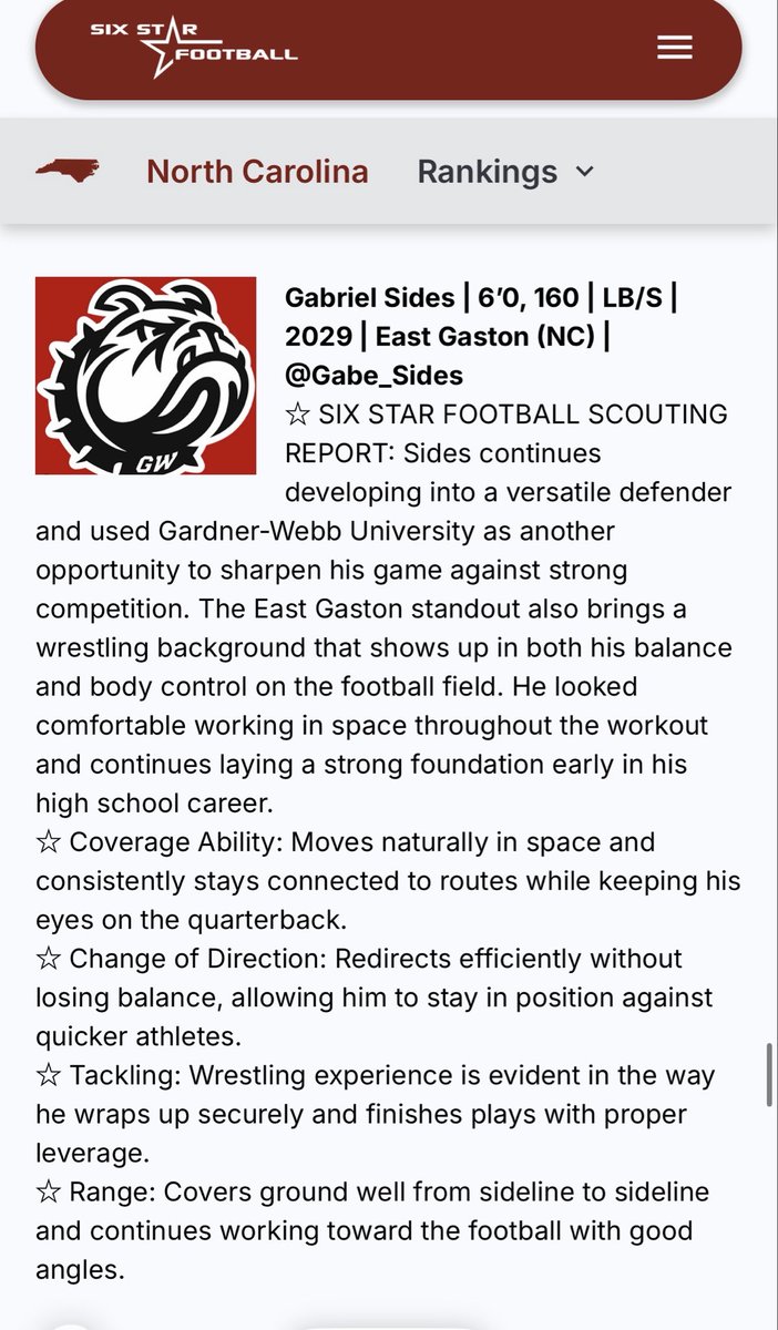 Gabe_Sides's tweet photo. Thank you @sixstarfootball for the evaluation and write up from the @GWUFootball camp.  

#WHATEVERITTAKES
#4TB #THEBRAND #TP_recruiting
#ClassOf2029 #Rockytop
#FootballRecruiting #StudentAthlete #UnderTheRadar #Linebacker #Safety #VarsityFootball #NextUp #Grind #Exposure #RecruitMe #D1Potential #Playmakers @TopPreps @PrepRedzoneNC @GWUFootball @CoachMikeHarris 
@AppState_FB @BallAtTheBeach
@CoastRecruits @NationalPrepsFB @Rivals @HerdFB @MarsHill_FB @WVUFBRecruiting
@zach_quinney @EliteGaston @EGWarriorFB @GeorgiaTechFB
@NC_PrepVarsity @pepman704 @CharlotteFTBL @UPIKEFOOTBALL 
@EliteGaston @Coach_Sides @Coach_Medici @PrepRedzoneNC @TP_recruiting @whelms21 @FBCoach_Elliott @CoachHallUNCP