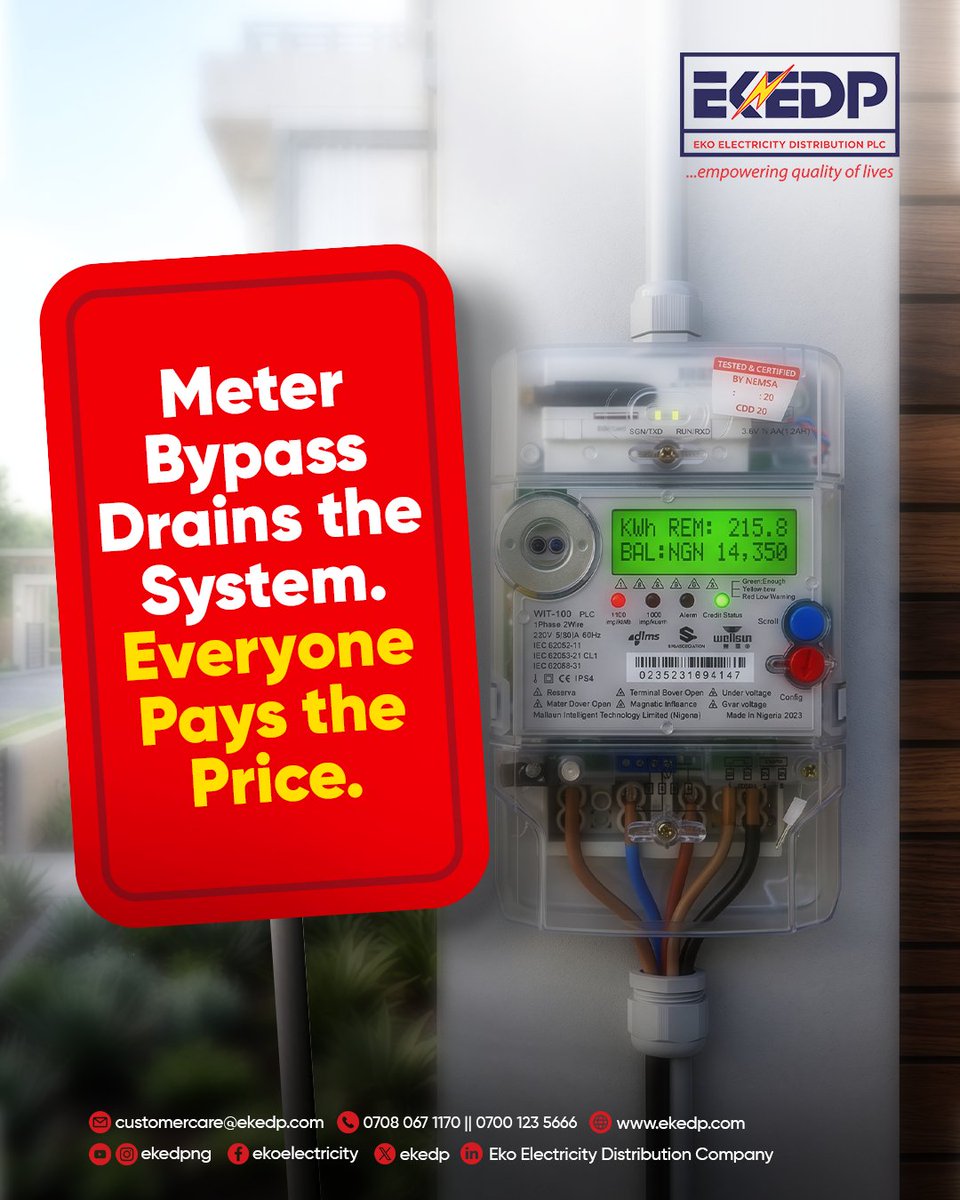 EKEDP's tweet photo. Meter bypass isn't a shortcut—it’s a crime that hurts everyone. 

Under Section 208 of the Electricity Act 2023, anyone caught faces disconnection, massive fines, and up to 3 years in prison.

Report energy theft safely and 100% anonymously
0800 003 3333. 
#EKEDP #EnergyTheft #Electricity