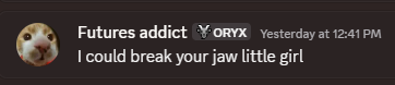 Eltk_xo's tweet photo. @discord @discord_support Absolutely love that I get reported for saying this in response to a random man that comes into my discord telling me he's going to physically assault me. Makes all the sense in the world. Please do something about this. This is an absolute JOKE 🤡 https://t.co/tyFUpSLCqM