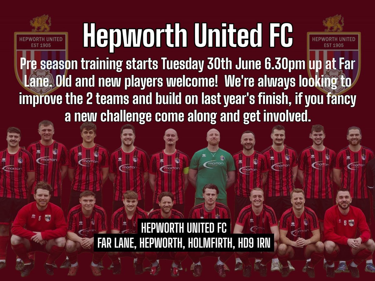 HepworthUnited's tweet photo. 🚨 Don't forget pre season starts this Tuesday! 🚨
Fancy a new challenge? Come along! 
Fancy testing yourself? Come along!
Fancy joining adult football? Come along!
All ages and talents welcome! https://t.co/jRt8S6Z576