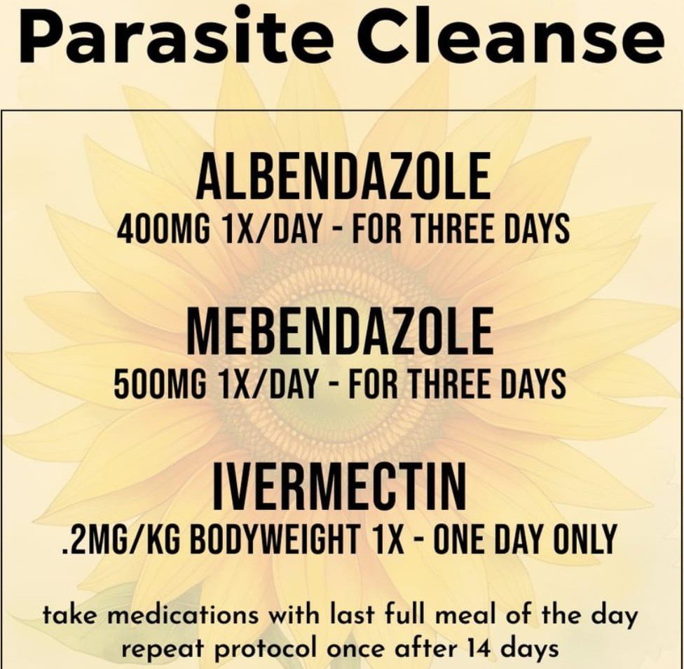JoetippensX's tweet photo. Parasite Protocol featuring Albendazole, Mebendazole and Ivermectin.
after reviewing over 35 scientific studies and analyzing more than 90 relevant outcomes.

#ivermectin 
#fenbendazole 
#albendazole 
#parasites 
#cleanese 
#detox 
#protocol 
#mebendazole https://t.co/Ex7VY58h6h
