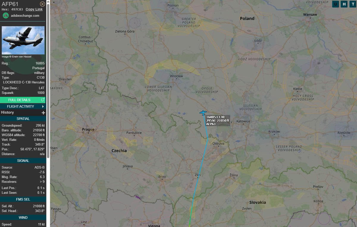 PolishMilRadar's tweet photo. 📅 27.06 🕜 16:37LT - 🇵🇹✈️ Portugalski Hercules leci do Bydgoszczy 🇵🇱
Z lotniska w Bratysławie #LZIB na Słowacji 🇸🇰 do Bydgoszczy #EPBY 🇵🇱 leci ✈️ #AFP61 Lockheed C-130H Hercules "16805" Portugalskich Sił Powietrznych 🇵🇹. Utrzymuje on wysokość przelotową 21 000 stóp.
🔗 https://t.co/DyIyTk6XIs
#POLMILRADAR