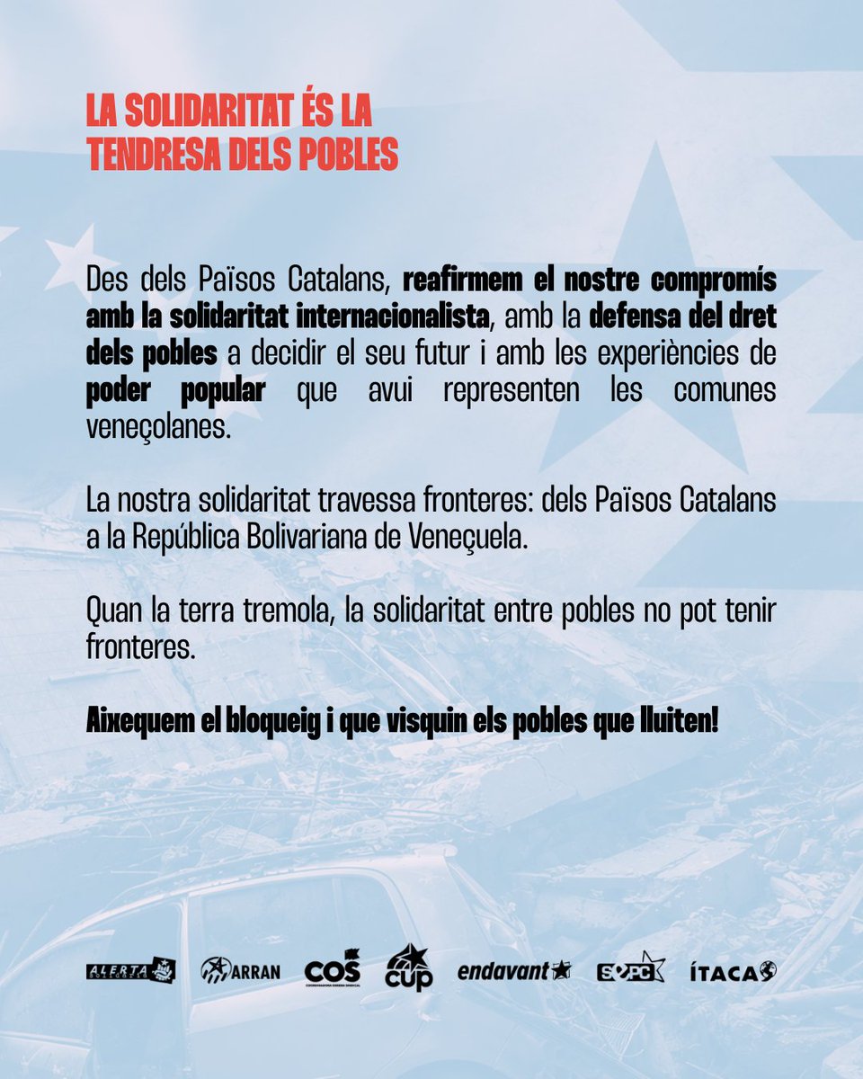 Arran_jovent's tweet photo. 🇻🇪 Davant els terratrèmols que han colpejat Veneçuela, expressem tota la nostra solidaritat amb el poble veneçolà i amb les comunes que sostenen la resposta popular.

Quan la terra tremola, la solidaritat entre pobles no pot tenir fronteres✊ https://t.co/C4oDeuqhc3