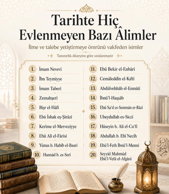 RaufAtillaPolat's tweet photo. Tarihte hiç evlenmeyen bazı büyük alimler:

İmam Nevevî
İbn Teymiyye
İmam Taberî
Zemahşerî
Bişr el-Hâfî
Ebû İshak eş-Şîrâzî

Kerîme el-Mervezîyye
Ebû Ali el-Fârisî
Yûnus b. Habîb el-Basrî
Hannâd b. es-Serî
Ebû Bekir el-Enbârî
Cemâleddîn el-Kıftî

Abdülvehhâb el-Enmâtî
İbnü’l-Haşşâb
Ebû Sa‘d es-Semmân er-Râzî
Ubeydullah es-Siczî
Hüseyin b. Ali el-Cu‘fî
Abdullah b. Ebî Necîh
Ebû’l-Feth İbnü’l-Mennî
Seyyid Mahmûd Ebû’l-Vefâ el-Afgânî
