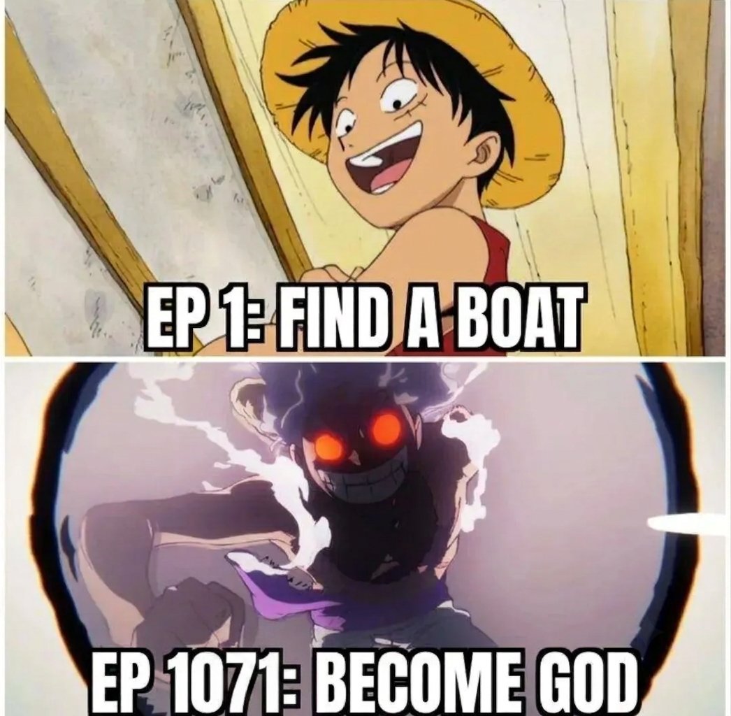 Kunagnes1's tweet photo. Ep 1 get a boat 
Ep 1071 become a god https://t.co/R3Ud9YD4Ks