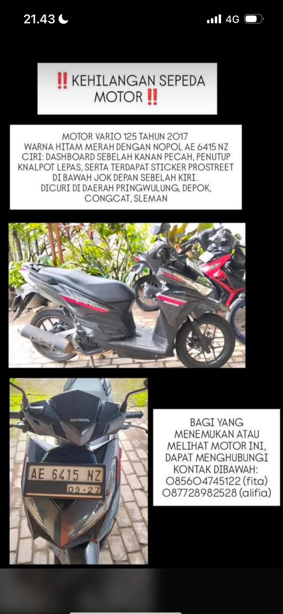 Zanubiasasaja's tweet photo. izin tag admin @merapi_uncover 
barang kali ada yang melihat motor vario dengan ciri-ciri tersebut, mohon bantuannya untuk hubungi nomor tertera nggih🙏🏻 https://t.co/57A8CM5ID6