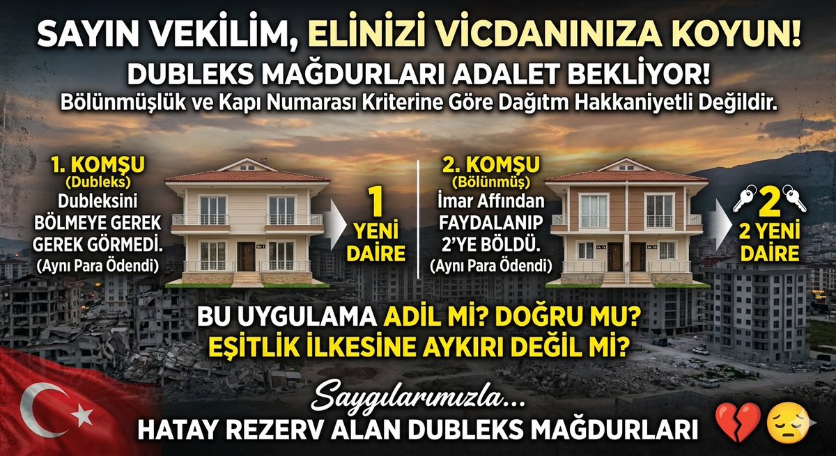 vuralmeler's tweet photo. @murat_kurum #BölünmemişDubleksMağdurları
Dublekslerde ayrı faturaya esas ikinci daire verilmesi kabul edilemez. Tüm dubleksler tek kategoride değerlendirilip 2. Daire verilmeli ve buna göre mahsuplaşmaya gidilmeli. Adaletsizliğe dur demenizi bekliyoruz. Her detay için bana ulaşabilirsiniz. https://t.co/9GylIhAf0C
