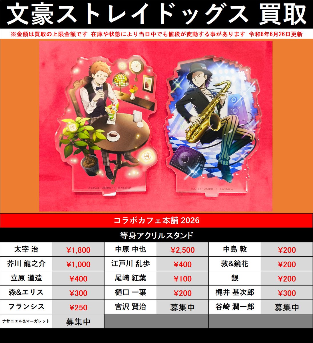 文豪ストレイドッグス　　中也　コラボカフェ本舗　迷ヰ犬怪奇譚　アクリルスタンド 買取情報】 『文豪ストレイドッグス』 コラボカフェ本舗 迷ヰ犬怪奇譚