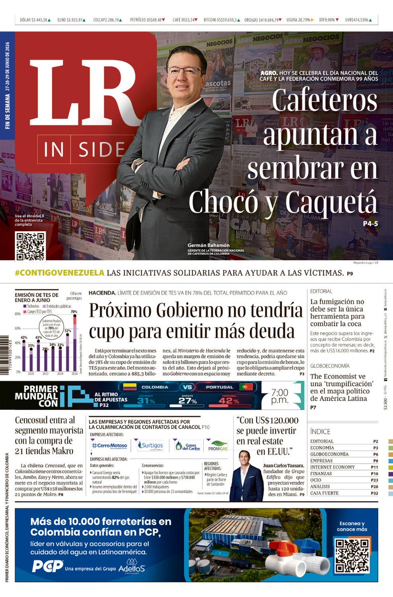 larepublica_co's tweet photo. Hoy, en la #PortadaLR | "Cafeteros apuntan a sembrar en Chocó y Caquetá"
Más noticias en https://t.co/5QK7zeJlvM https://t.co/8bAOXpGG2j