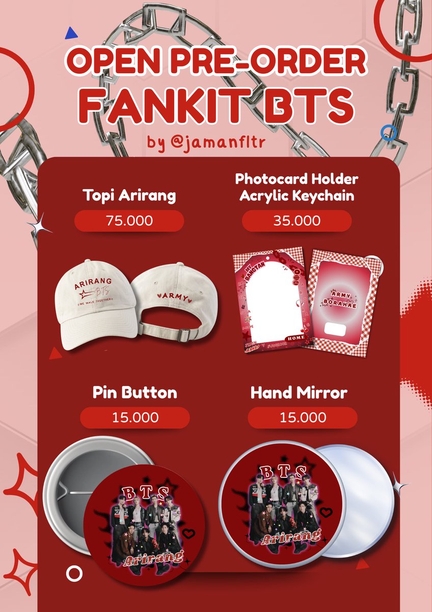 jamanfltr's tweet photo. haloo army!!

aku open PO Fankit Arirang bisa dipke daily 

🧢 cap — 75k dp 40k
🪪 photocard holder — 35k dp 20k
📌 pin button — 15k dp 10k
🪞 hand mirror — 15k dp 10k

📅 PO batch 1 - 10 Juli 2026

🔗 https://t.co/eEysAKrkK6

detail di form dan dibaca tnc nya ya, terima kasih💗 https://t.co/f7YtshpAdW