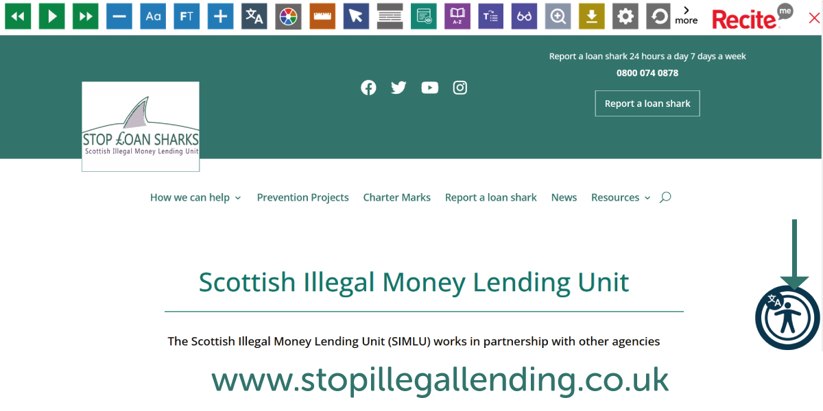 StopLoanSharks's tweet photo. The accessibility tool on our website includes:

✔️Text to Speech software
✔️Font &amp; colour customisation
✔️Reading accessibility tools
✔️Translation into over 130 languages

Just click the circular ReciteMe icon➡️https://t.co/MibwsgH0eJ https://t.co/64l6t1jOXB