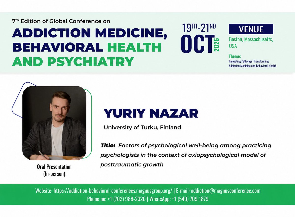 addictionevnt's tweet photo. 🎤 Meet Yuriy Nazar(@UniTurku), presenting at @addictionevnt organized by @magnus_group!
🧠 Psychological well-being among practicing psychologists: an axiopsychological model of posttraumatic growth.
📅 Oct 19–21 | Boston
🔗 https://t.co/oO5BCK0xJ2
#Psychology #MentalHealth https://t.co/wZZOZiV95I