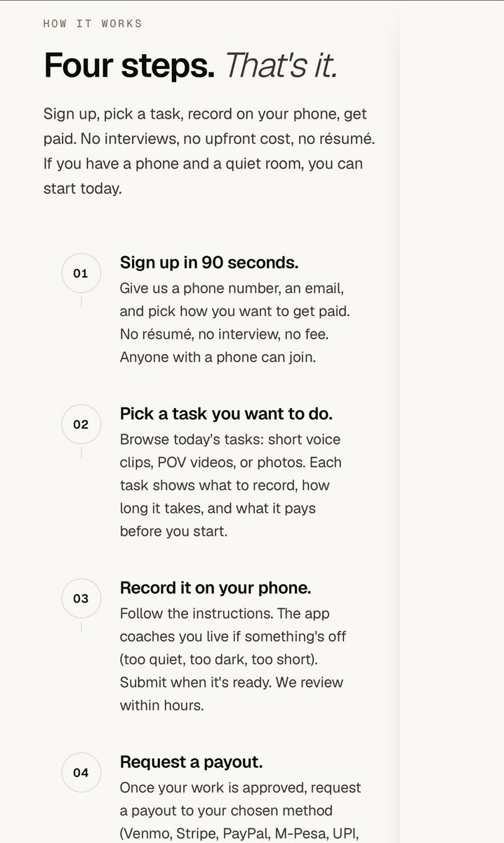 EMMY_DEFI7's tweet photo. Money Making Update ✓

Apparently, there’s a platform currently paying up to $40 for simple tasks like recording short voice clips, making quick videos, and taking photos with your phone.

Available to all Countries no restrictions ✓

I’ve attached screenshots below showing the available tasks and how the platform works. Take your time, read through everything carefully, and understand it before jumping in.

I’m testing it out myself too. If you’re interested, you can check it out here:

https://t.co/cHEMU2fwnc

Repost, bookmark, and make the most of the opportunity 👏🏾