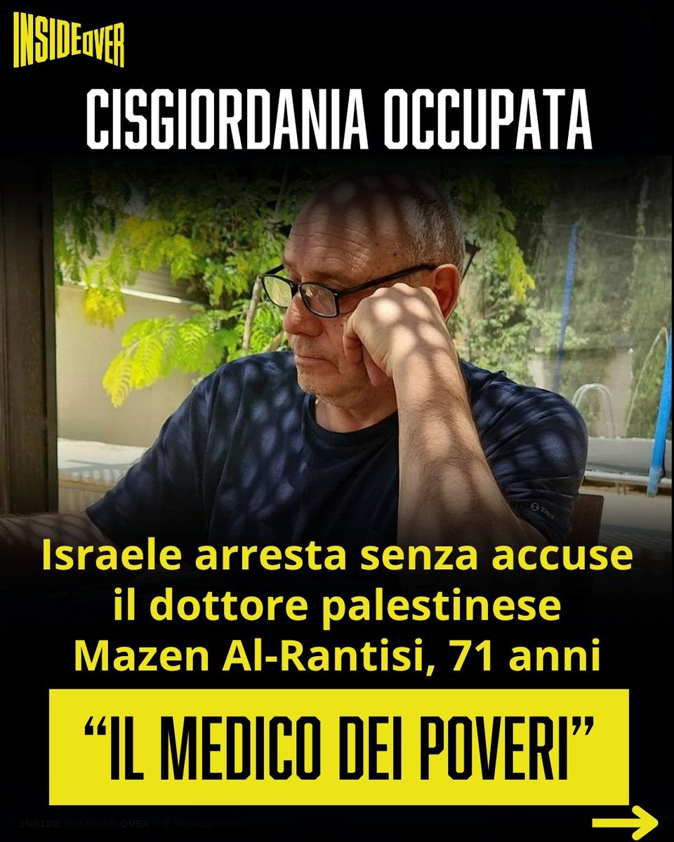 insideoverita's tweet photo. Domenica 21 giugno, le forze israeliane hanno arrestato durante un raid all'alba nella sua abitazione di Ramallah, in Cisgiordania occupata, il medico palestinese 71enne Mazen Al-Rantisi, conosciuto come il "medico dei poveri" per il suo lavoro a favore dei pazienti a basso reddito.

Le autorità israeliane non hanno specificato il motivo dell'arresto né il luogo in cui il medico è attualmente detenuto.

Secondo il quotidiano israeliano Haaretz, l'arresto sarebbe legato al ruolo di Al-Rantisi come presidente dell'Unione dei Comitati per il Lavoro Sanitario, organizzazione sanitaria palestinese senza scopo di lucro che dal 1985 gestisce cliniche e offre assistenza a migliaia di persone, soprattutto nelle aree rurali con scarso accesso ai servizi sanitari.

Nel 2020, l'esercito israeliano ha dichiarato l'organizzazione "associazione illegale".

L'organizzazione è legalmente registrata presso il Ministero degli Interni dell'Autorità Palestinese.

Ex pazienti, attivisti e colleghi hanno ricordato la clinica di Al-Rantisi come un punto di riferimento per i palestinesi più vulnerabili, dove vengono garantite visite mediche e distribuzione gratuita di farmaci.

"L'arresto del dottor Al-Rantisi rappresenta un'ulteriore, allarmante escalation nella repressione israeliana contro la società civile palestinese. Detenendo un medico stimato e il capo di una delle principali organizzazioni sanitarie palestinesi, le autorità israeliane stanno ulteriormente confondendo il confine tra legittime misure di sicurezza e la criminalizzazione di un'attività civile e umanitaria essenziale" ha dichiarato Naji Abbas, direttore di dipartimento di Physicians for Human Rights Israel (PHRI).

"La clinica del dottor Al-Rantisi a Ramallah assiste centinaia di pazienti", ha aggiunto PHRI, "e il suo arresto interromperà inevitabilmente l'accesso alle cure mediche per coloro che dipendono da lui”.

Quattordici medici e circa 135 altri operatori sanitari di Gaza sono detenuti nelle carceri israeliane senza processo o accuse formali, sottoposti a torture, violenze sessuali, privazioni di farmaci. Tra questi Hussam Abu Safiya, pediatra e direttore dell’ospedale Kamal Adwan di Gaza, detenuto da Israele da dicembre 2024.

Le organizzazioni per i diritti umani denunciano inoltre ostacoli sistematici all'accesso alle cure nei Territori palestinesi occupati, tra cui arresti di personale sanitario, posti di blocco e ritardi o blocchi al passaggio delle ambulanze.

#westbankunderattack #israel #doctorsarenotatarget #freeabusafiya