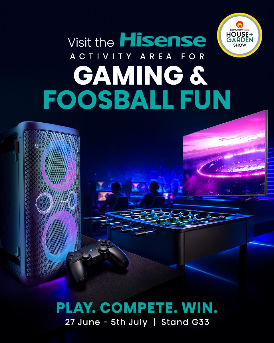 HisenseSA's tweet photo. 🎮 Think you've got what it takes? Head over to the Hisense Activity Area for epic gaming and foosball action and you could walk away with a Hisense TV or Party Rocker! Bring your A-game, challenge your friends and let the fun begin.
📍Durban Exhibition Centre Stand G33 
#HisenseZA #HisenseSA #HGShow2026 #SmartLiving #InnovatingABrighterLife